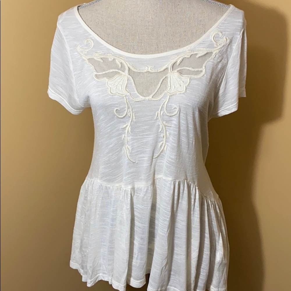 Free People Cream Peplum Short Sleeve Top